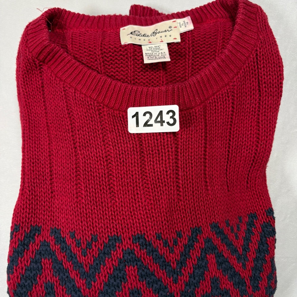 Eddie Bauer Sweater Mens XL Vintage Red Navy Geometric Ribbed Cotton Made in USA - Picture 8 of 8